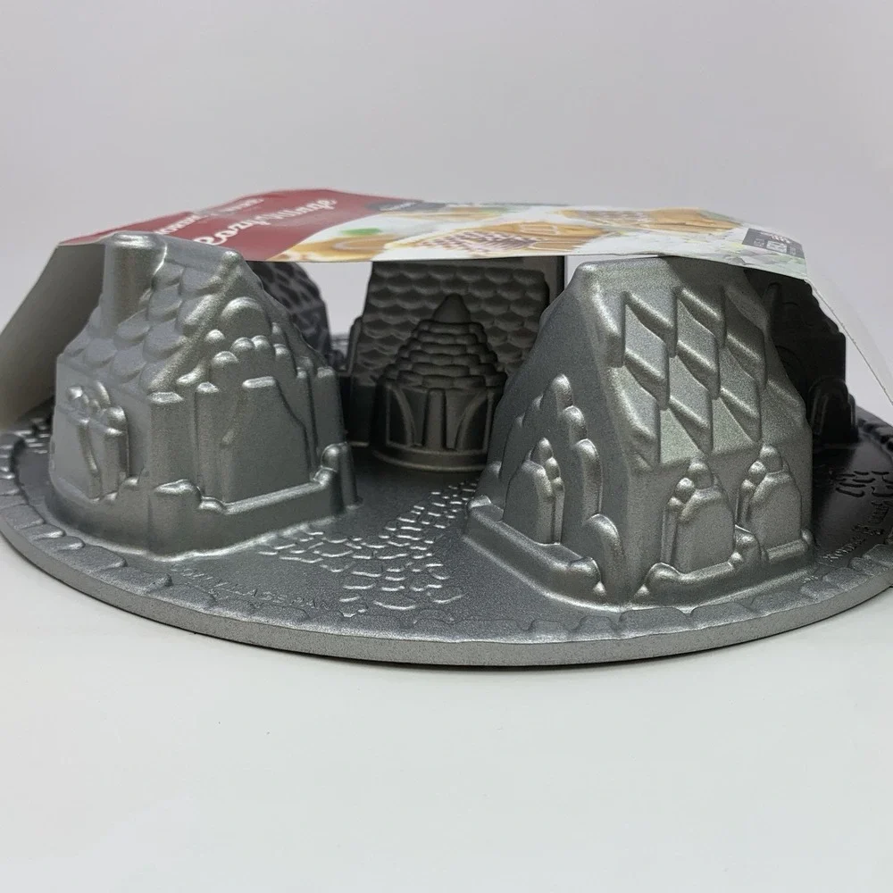 Nordic Ware Cozy Village Gingerbread House Christmas Village Cake Pan, Silver